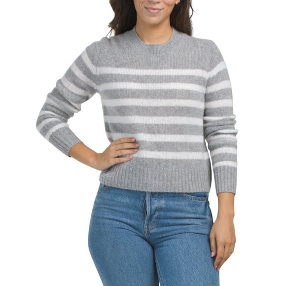 WHITE + WARREN Grey/White Cashmere Striped Crew Neck Sweater - Picture 1 of 2